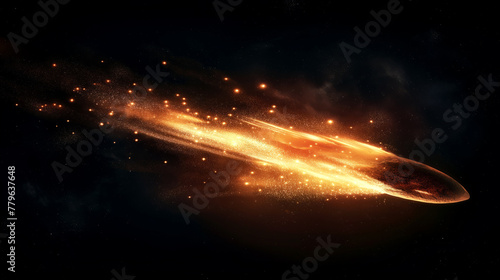 Dramatic scene of meteor or comet, engulfed in flames and light, hurtling through dark expanse of space, dynamic and visually striking depiction of celestial event, cosmonautics day or space day