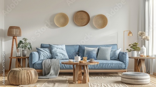 living room interior with sofa and wooden round circle on wall for deigning 