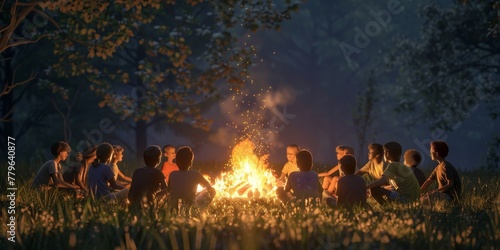 A group of people are sitting around a fire in a field. Scene is warm and inviting, as the group of people are gathered together to enjoy the warmth and light of the fire