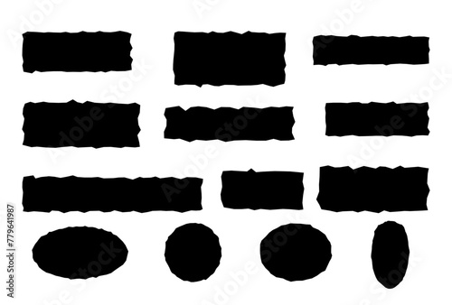 Vector black jagged paper rectangle and rounded shapes set isolated on white. Rough torn edge frames collection sticker piece, shred strip, grunge border, text box shapes.