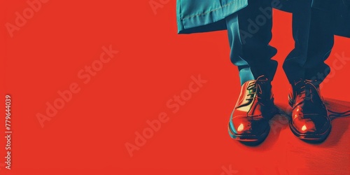 A man in a red coat and red shoes stands on a red background