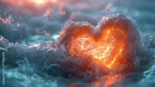 The fiery heart rises peacefully on the waves of the sea, reflecting the sky above