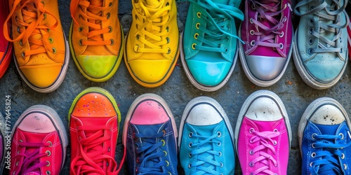 A row of colorful sneakers with different colors and sizes. The sneakers are arranged in a line, with the first one being the lightest and the last one being the darkest