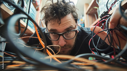 A man looks bewildered as he peers through a tangled mess of colorful wires, symbolizing confusion and complexity.