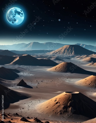 A stunning illustration of a moonlit desert under a starry sky, with striking lunar details casting a serene glow over the dunes. AI Generation