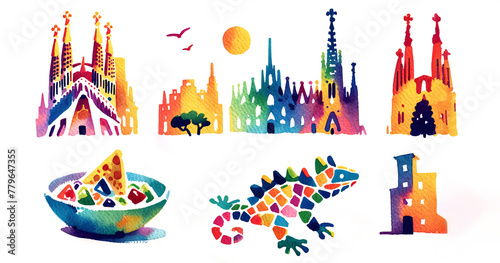 Colorful watercolor illustrations capturing iconic Spanish landmarks and culture, ideal for travel, tourism, and cultural heritage themes, especially related to Spain's National Day