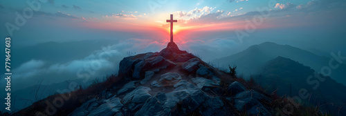 Crucifix at the Top of a Mountain with Sunlight, Serene sunrise behind a cross on a mountain symbol of hope and faith beautiful landscape with warm light panoramic scenery in a peaceful