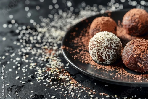 Raw vegan sweet balls on black background with nuts dried fruits coconut cocoa and sesame seeds Gluten and sugar free raw desserts