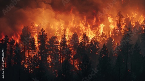Dynamic image of a wildfire raging through a forest exacerbated by dry conditions and extreme heat