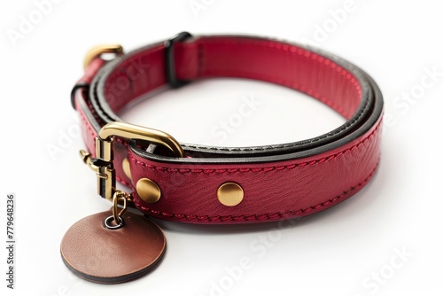 Red leather dog collar with gold tag on white background