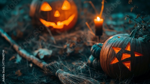 broom and halloween jack o lantern and pentagram star pumpkin on the ground.