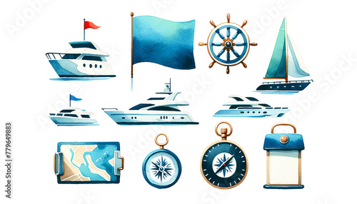 Watercolor nautical elements set featuring luxury yachts, flag, ship wheel, sailboat, map, compass, and lantern, ideal for maritime and Summer Voyage themes