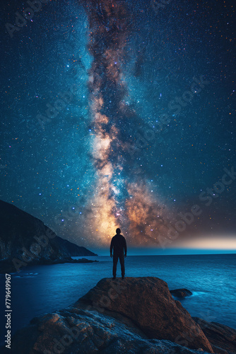 silhouette of man standing on top of a mountain on background of a starry night sky with bright Milky way and sea water