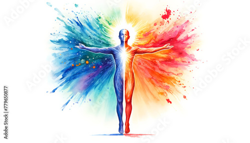 Abstract illustration of a human silhouette with a radiant chest against a vibrant, multicolored watercolor backdrop, symbolizing creativity and enlightenment