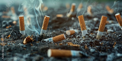 A pile of cigarette butts on the ground. The butts are scattered and some are still lit. Concept of carelessness and disregard for the environment