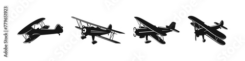 Aeroplane vector silhouette. Vinatge airplane set. Old aircraft illustration.