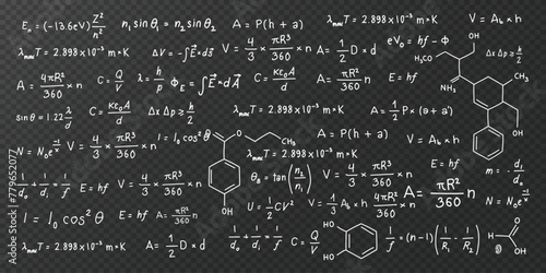 Science formula set. Hand drawn math and chemistry formulas. Scientific calculation illustration.