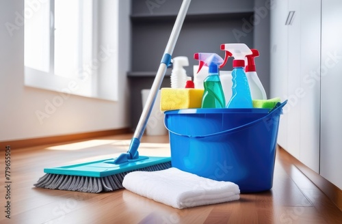 Floor mop and blue bucket for washing in room. Close up of cleaning products and tools. Copy space for text or advertisement