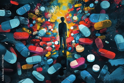 Man Standing in Front of a Pile of Pills, A paradoxical illustration showing the life-saving and life-taking aspects of opioids, AI Generated