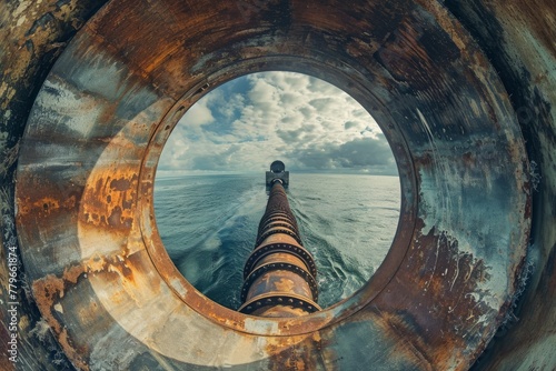 A large metal pipe positioned in the center of a body of water, A pipeline structure distorted through a fish-eye lens, AI Generated