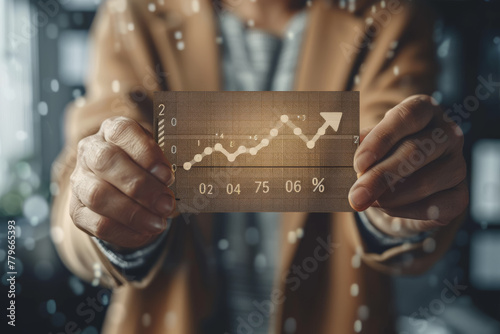 Businessman holds up an arrow icon and percentage with graph indicators for investment growth.