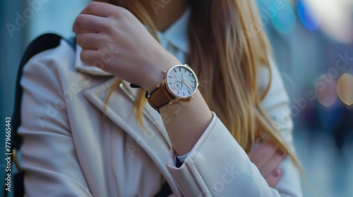 A young business woman is late on time, in a hurry she checks the deadline on her classic watch