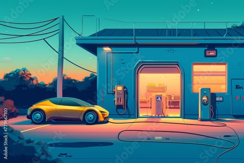 A yellow car is parked in front of a gas station, with the gas pump visible in the background, A repair shop for electric cars, AI Generated