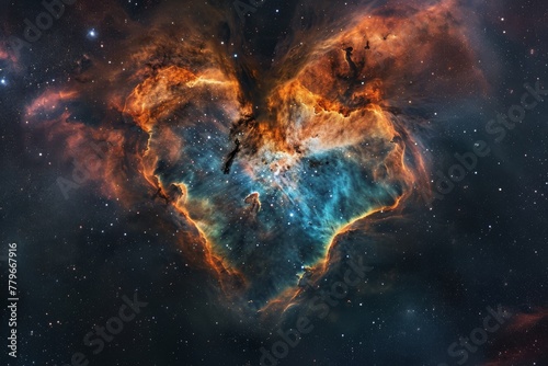 A heart-shaped object floats in the vastness of space, surrounded by stars, planets, and galaxies, A romantic image of a heart nebula with splendid colors, AI Generated