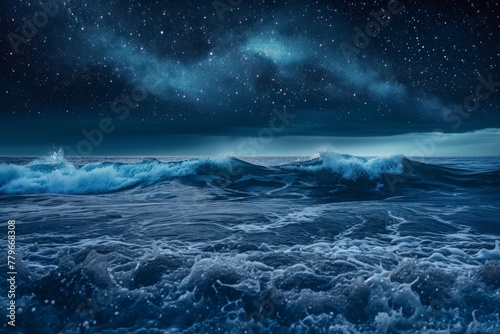 A detailed painting depicting a dark night sky filled with stars and a calm ocean below, A romantic view of ocean waves under a starry sky, AI Generated