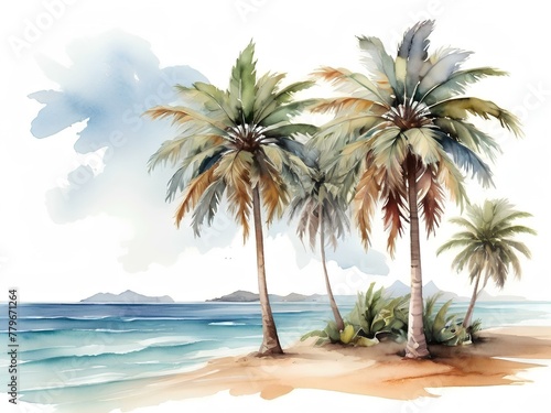 Tropical Tranquility: Watercolor Palm Trees on Beach with Ocean Background