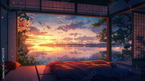 A traditional tatami room captures the warm essence of an autumn sunset reflecting over a peaceful lake, creating a picturesque setting. Autumn Sunset View from a Tranquil Tatami Room lofi anime