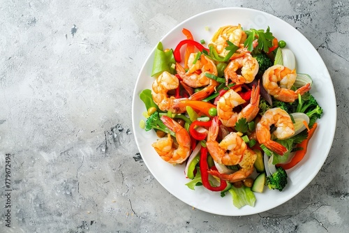 Vegetables and shrimps stir fried on a white plate overhead view