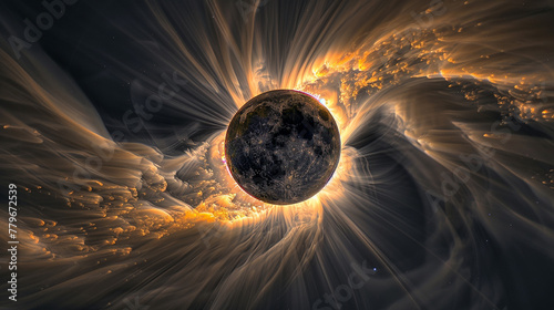 The sun's radiant corona extends like delicate tendrils into the darkened sky during a mesmerizing solar eclipse, a celestial spectacle to behold.