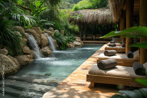 Pool with waterfall and central cascading water feature