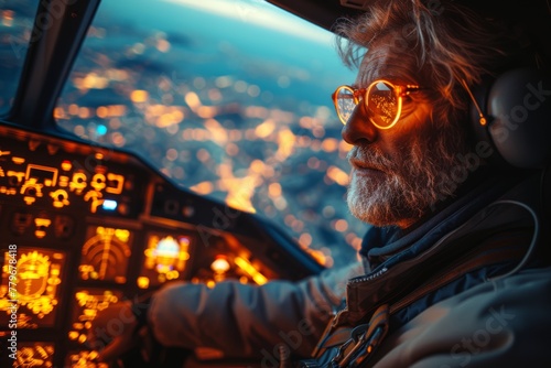 Pilot seated in nighttime plane cockpit