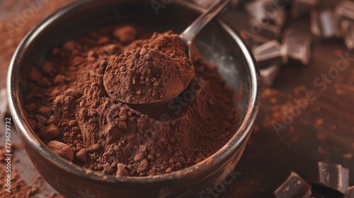 Bowl of finely ground cocoa powder and a metal spoon, surrounded by chocolate pieces