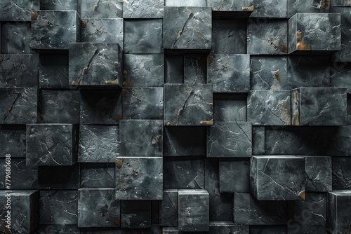 An exquisite and bold design showcasing a 3D cubic pattern made from luxurious dark gray marble tiles