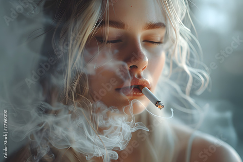 Close up portrait of Young woman smoking cigarette