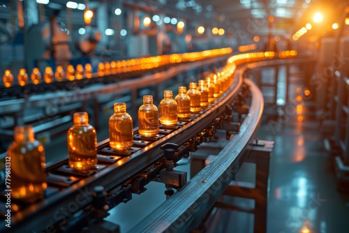Warm-toned image illustrating production line efficiency with rows of amber bottles on a modern conveyor