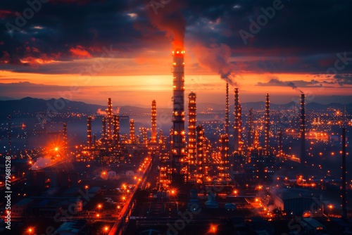 Large scale industrial complex emitting smoke against a dramatic fiery sunset, representing human impact