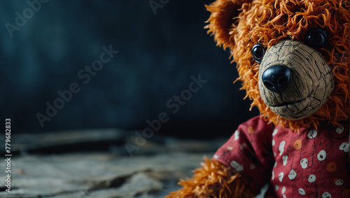 Sad teddy bear in the dark, childhood nightmares concept, mockup with place for text.