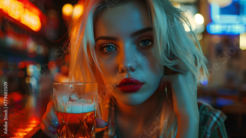 Photograph of beautiful blonde girl at a bar having a beer . Model photography