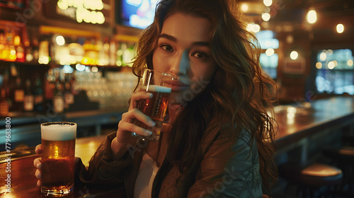 Photograph of beautiful brunette girl at a bar having a beer . Model photography