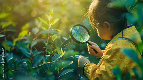 girl with a magnifying glass in the forest , generative ai