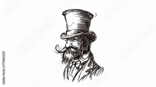An elegant gent Mr. aged beaver chimney pot stove pipe kettle cap symbol is outlined in ink hand-drawn doodle icon sketch pen on paper, isolated on a white background