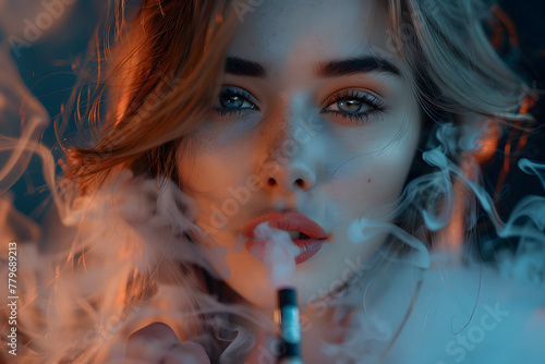 Closeup Portrait of a beautiful blonde woman with vape smoking