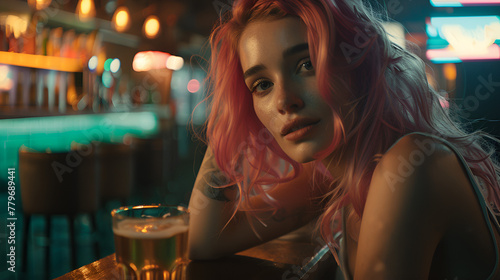 Photograph of beautiful girl pink hair at a bar having a beer . Model photography