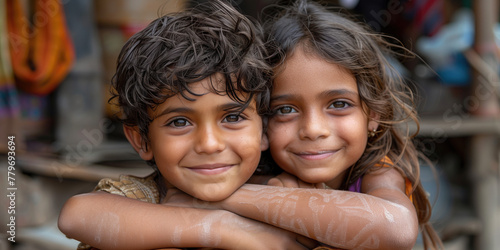 Un niño y una niña juntos viviendo en pobreza, sonriendo, sucios, Denuncia Niños de la Calle, Día Internacional 12, abril, vulnerables, faltos de alimentación y buenos cuidados, infancia cruel