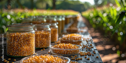 Semillas de maíz en frascos de cristal preparadas, diferentes muestras, para ser plantadas y el fondo plantación creciendo. 8 Abril Día Internacional Oposición Alimentos Transgénicos 