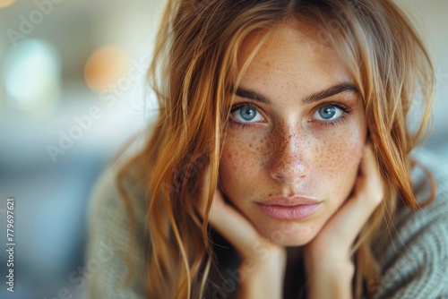 Close-up shot of a young woman with enchanting blue eyes and noticeable freckles looking pensive